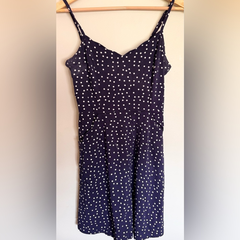 41 Hawthorn Polka Dot Dress Size Med Navy White Sleeveless Pockets Smocked Back